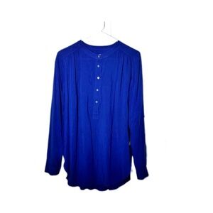 LOFT Blue Long Sleeve Buttoned Blouse with Mandarin Collar